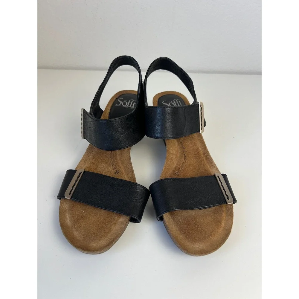 Sofft Verdi Black Leather Slingback Wedge Sandals US 9.5M Comfort Casual Travel